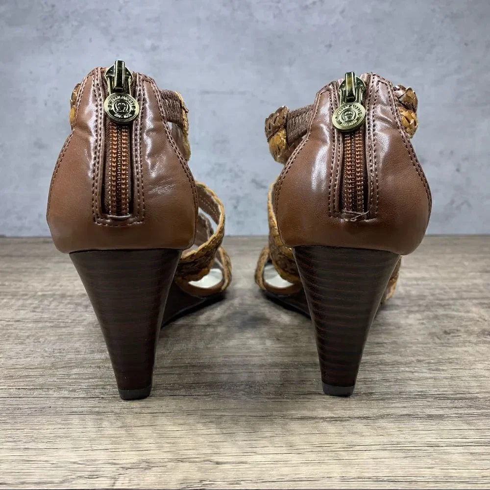 ETIENNE AIGNER E-Peanut Wedge Zip Up Strappy Sandals Shoes Brown Women's 7.5M‎